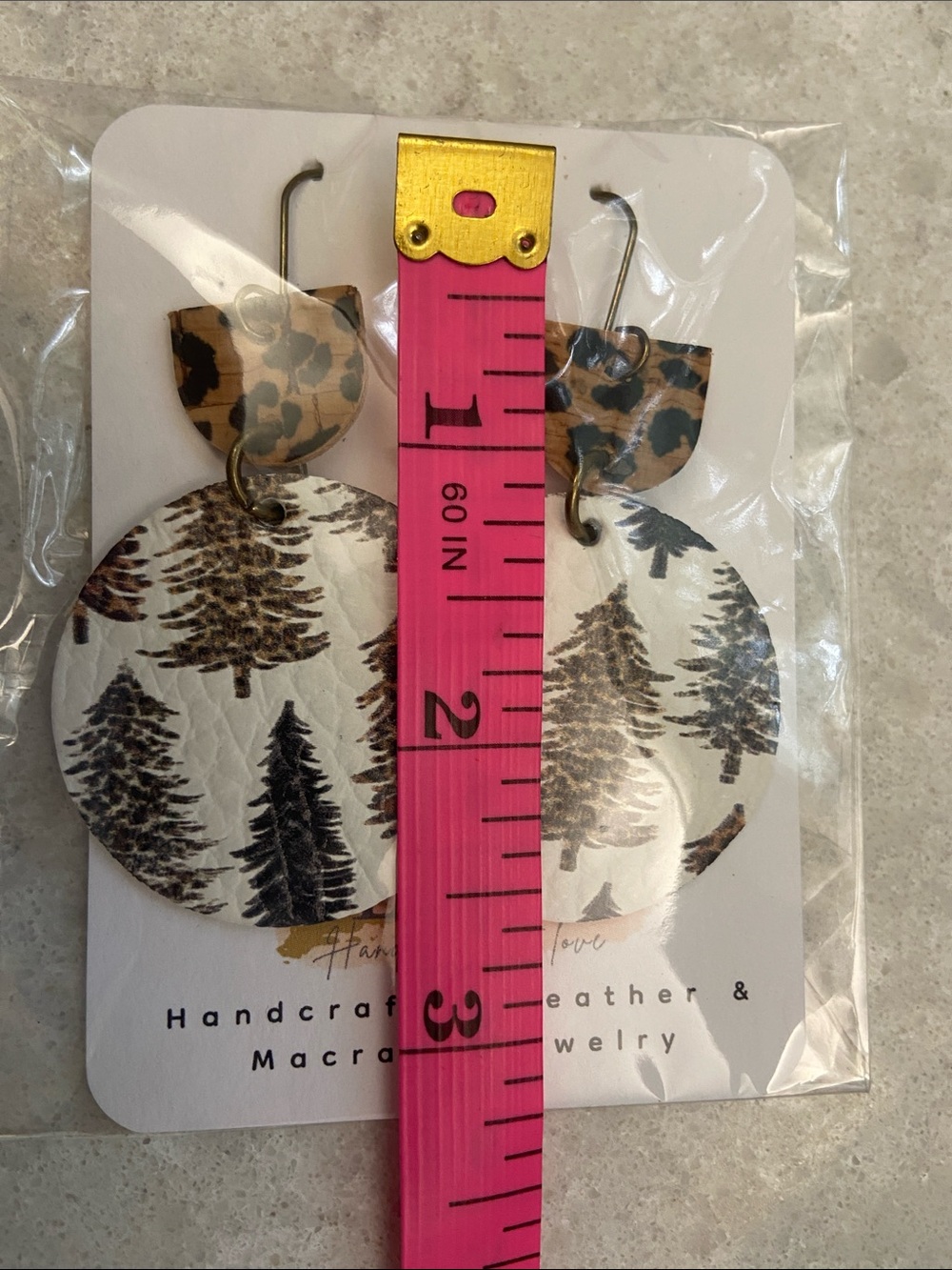 Handcrafted Brown Leather Feather Drop Earrings & Leopard/Fall Season Earrings - Picture 10 of 12